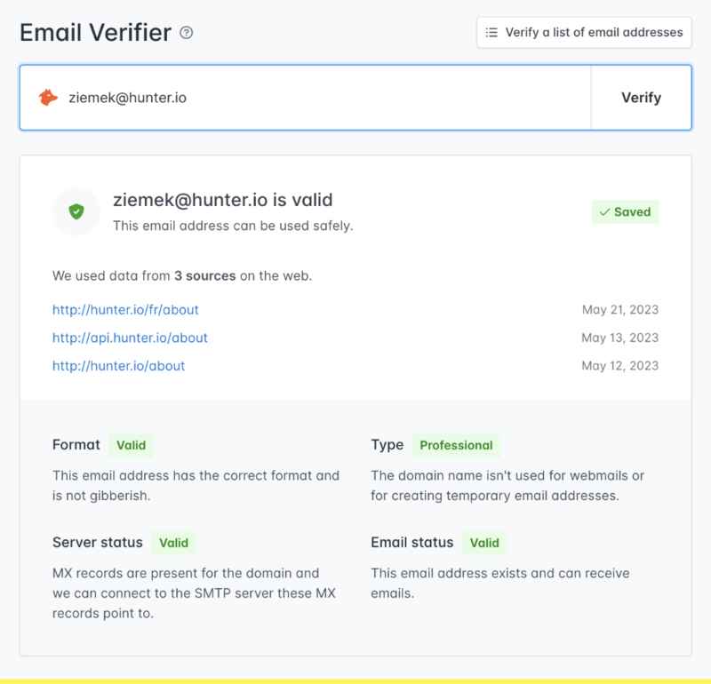 Hunter Email Verifier tool.